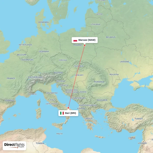 Warsaw - Bari direct flight map