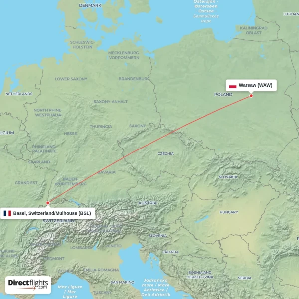 Warsaw - Basel, Switzerland/Mulhouse direct flight map