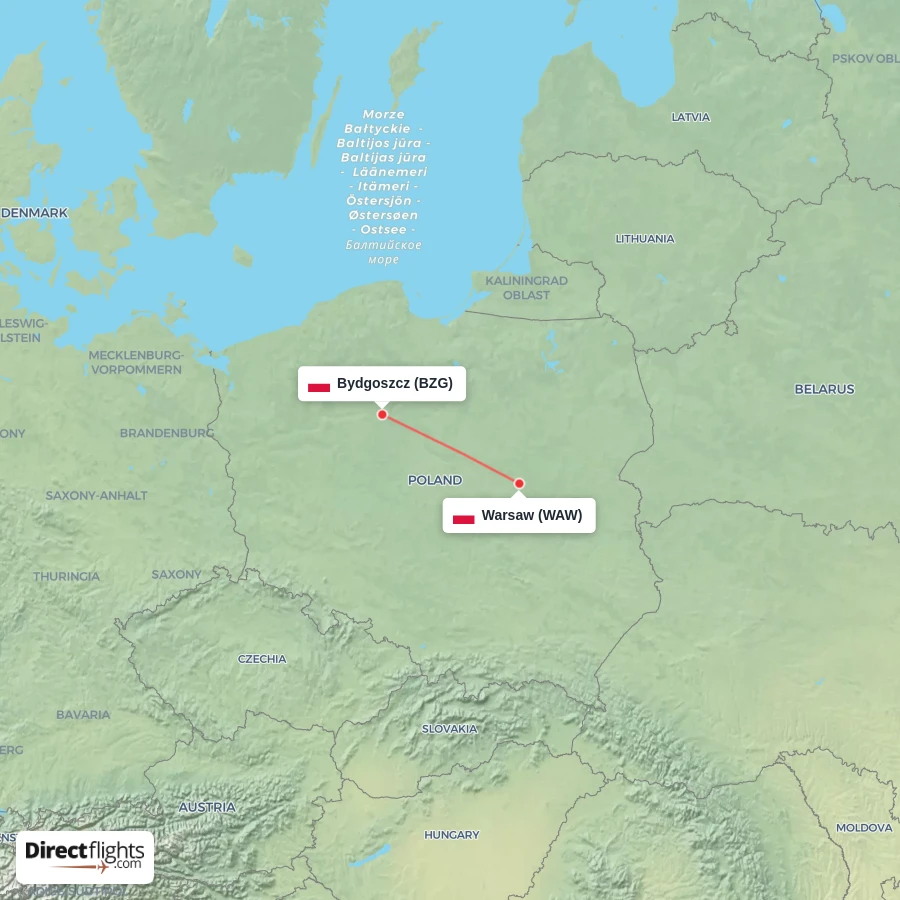 WAW - BZG route map