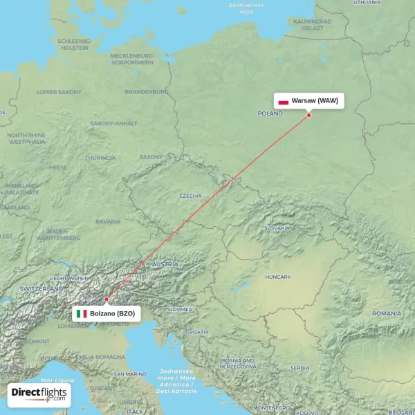 Warsaw - Bolzano direct flight map
