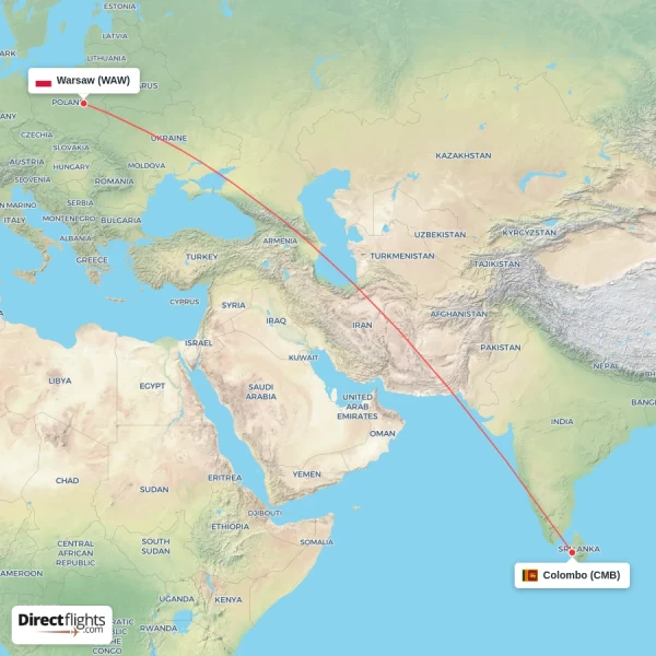 Warsaw - Colombo direct flight map
