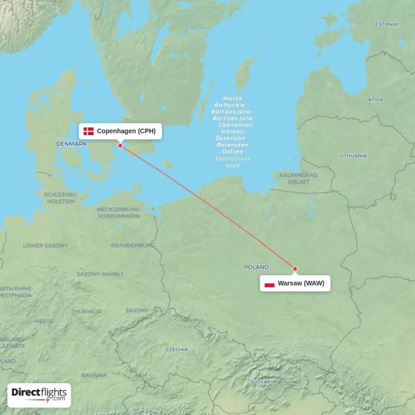 Warsaw - Copenhagen direct flight map