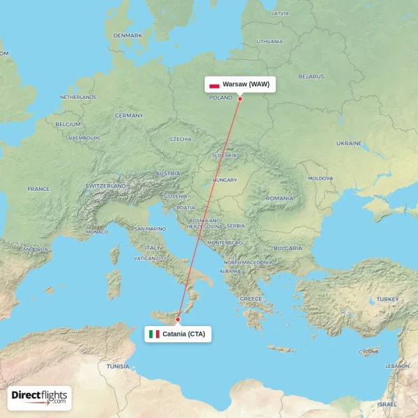 Warsaw - Catania direct flight map