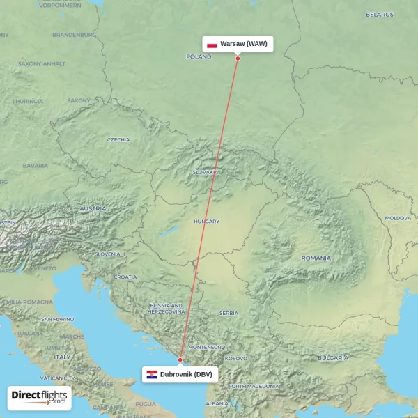 Warsaw - Dubrovnik direct flight map
