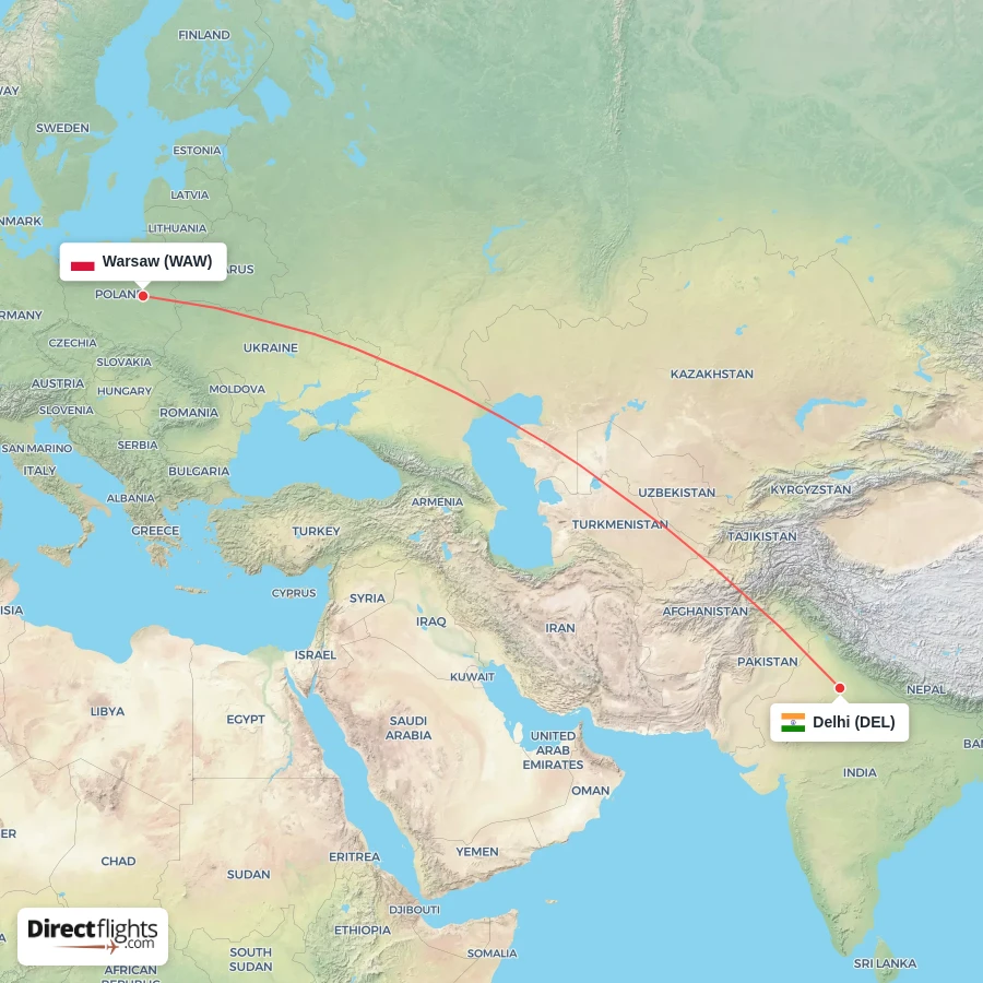 WAW - DEL route map