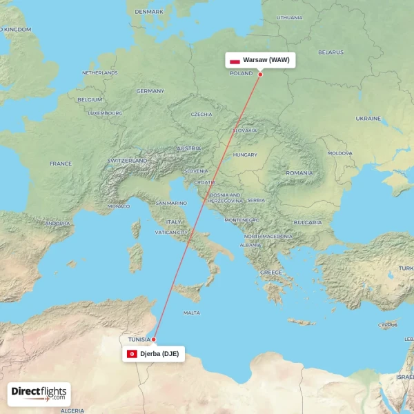 Warsaw - Djerba direct flight map