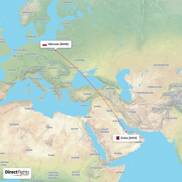 Warsaw - Doha direct flight map