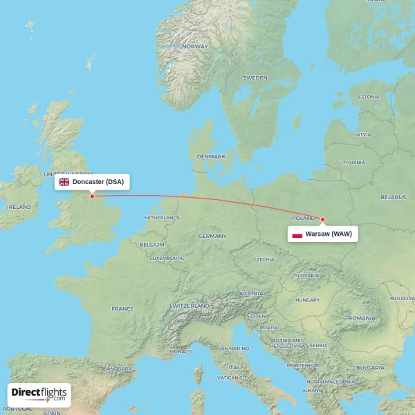 Warsaw - Doncaster direct flight map