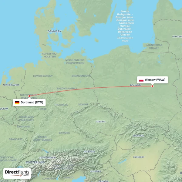 Warsaw - Dortmund direct flight map