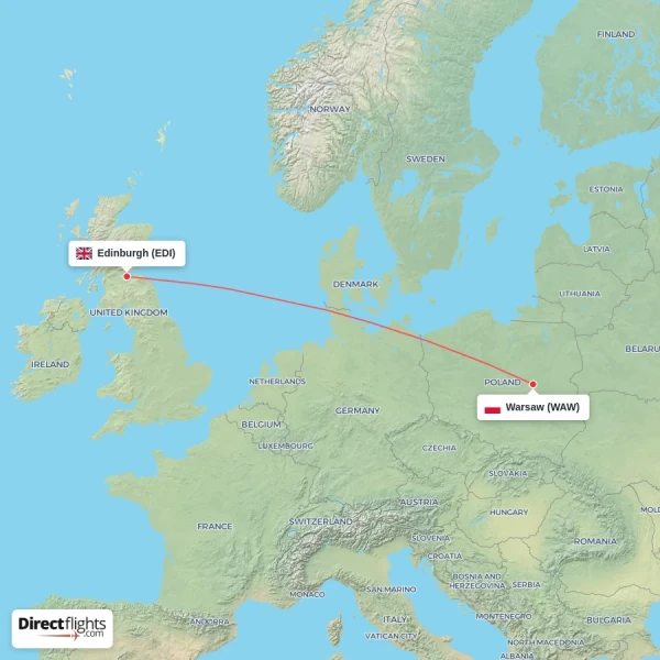 Warsaw - Edinburgh direct flight map