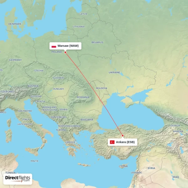 Warsaw - Ankara direct flight map