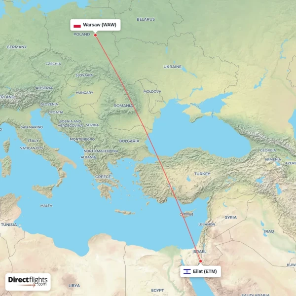 Warsaw - Eilat direct flight map