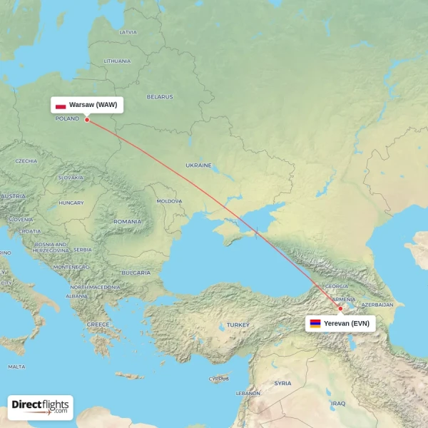 Warsaw - Yerevan direct flight map