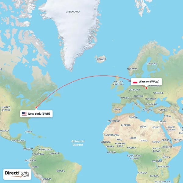 Warsaw - New York direct flight map