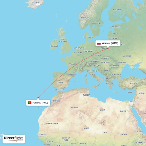 Warsaw - Funchal direct flight map