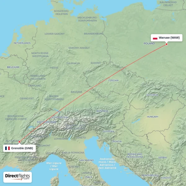 Warsaw - Grenoble direct flight map