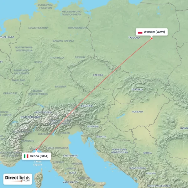 Warsaw - Genoa direct flight map