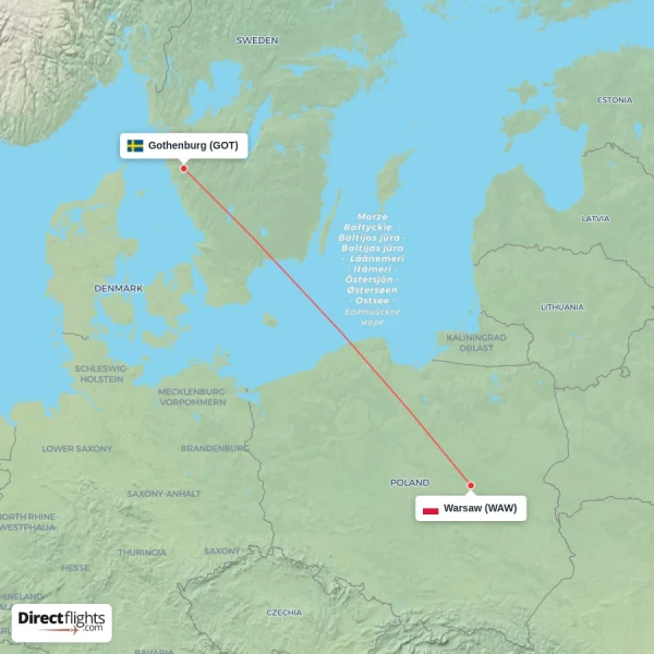 Warsaw - Gothenburg direct flight map