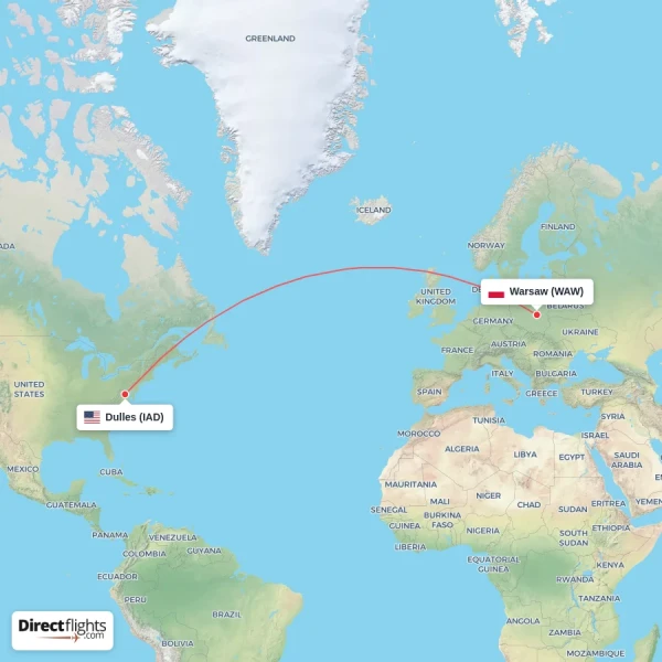 Warsaw - Dulles direct flight map