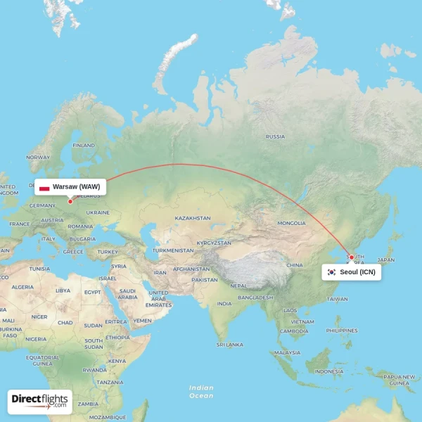 Warsaw - Seoul direct flight map