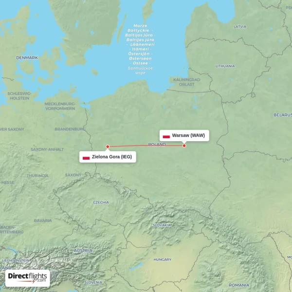 Warsaw - Zielona Gora direct flight map