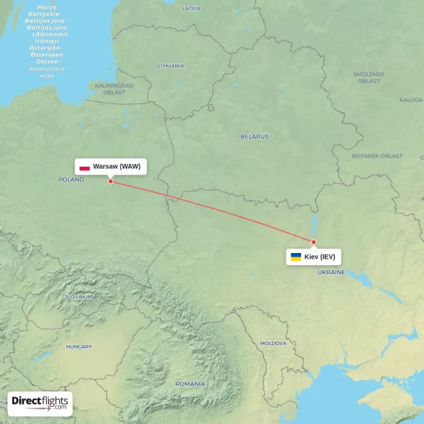 Warsaw - Kiev direct flight map