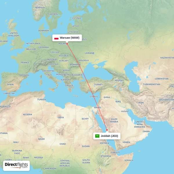 Warsaw - Jeddah direct flight map