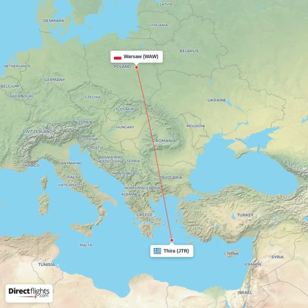Warsaw - Thira direct flight map