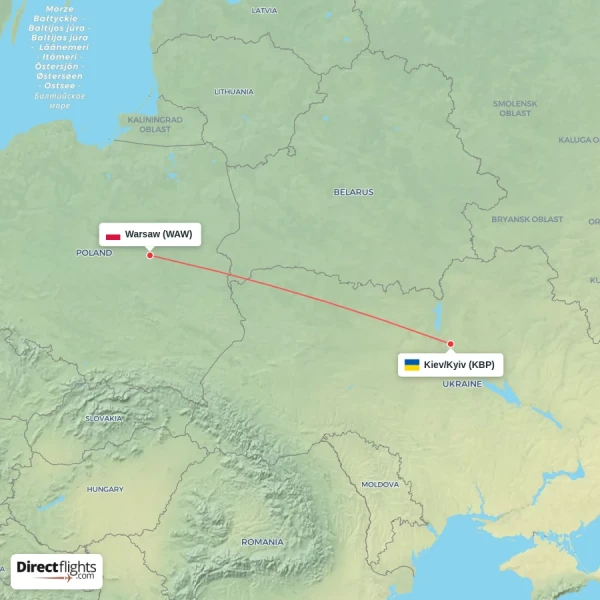 Warsaw - Kiev/Kyiv direct flight map