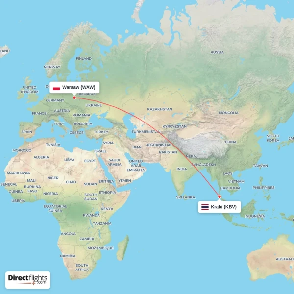 Warsaw - Krabi direct flight map
