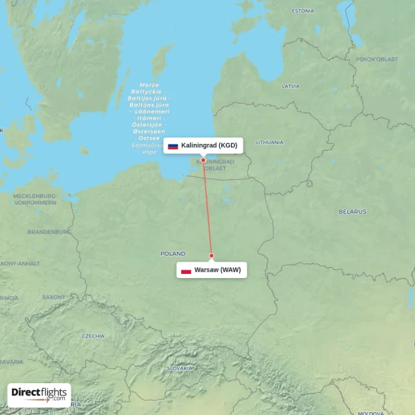 Warsaw - Kaliningrad direct flight map