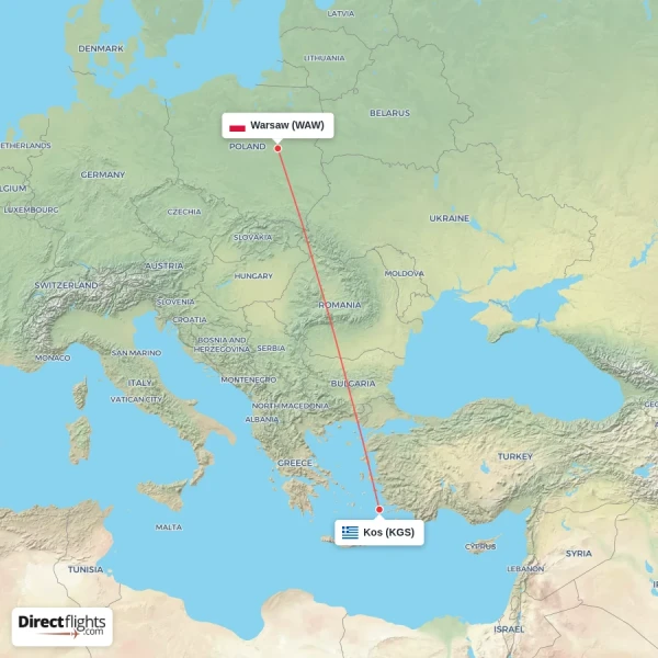 Warsaw - Kos direct flight map