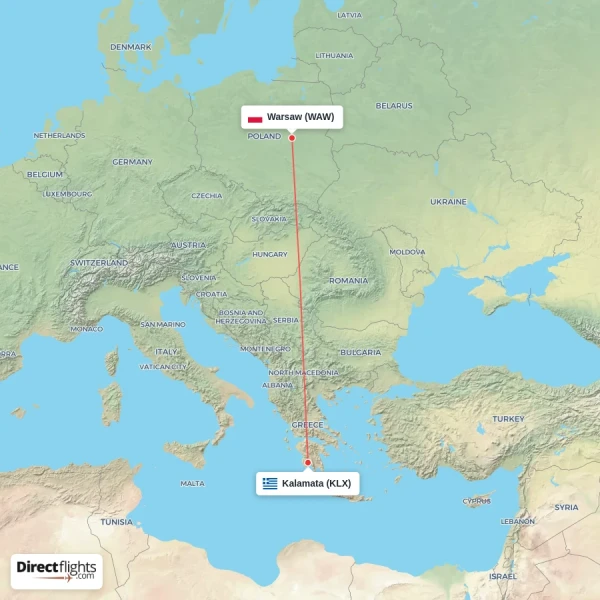 Warsaw - Kalamata direct flight map