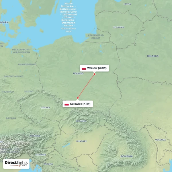 Warsaw - Katowice direct flight map