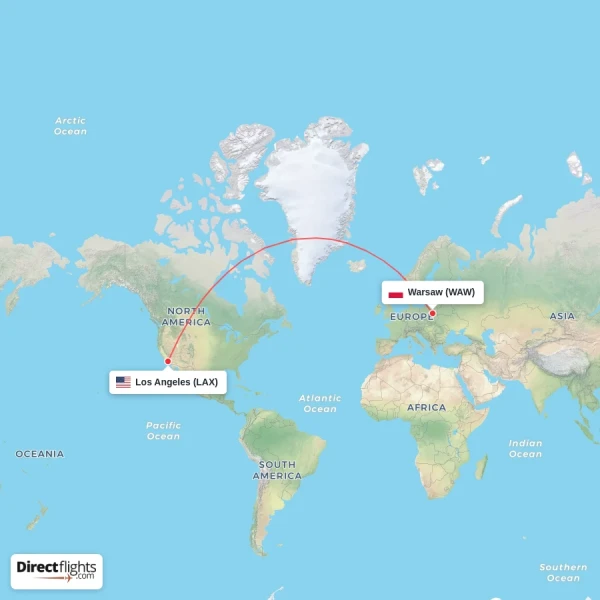 Warsaw - Los Angeles direct flight map