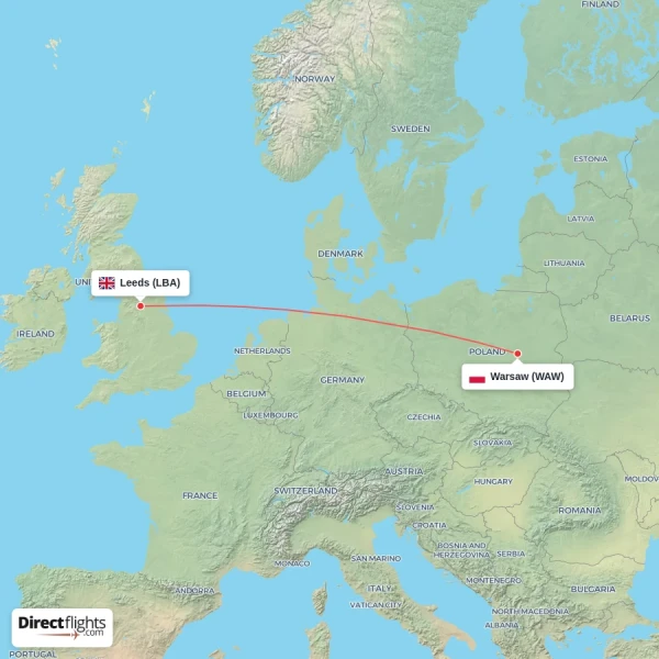 Warsaw - Leeds direct flight map