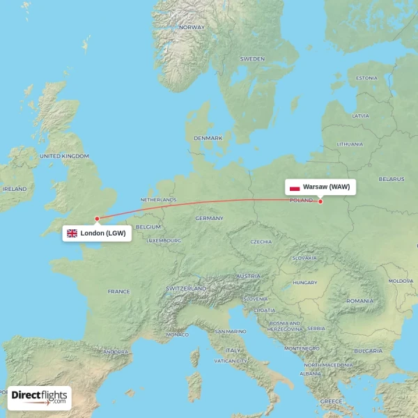 Warsaw - London direct flight map