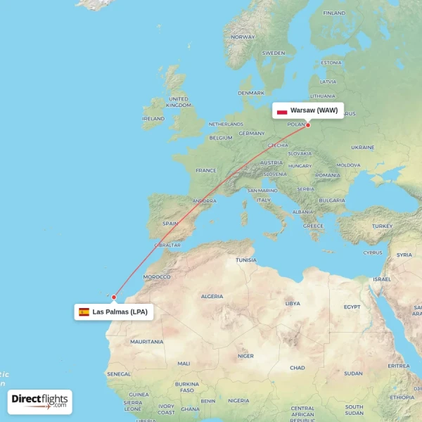 Warsaw - Las Palmas direct flight map