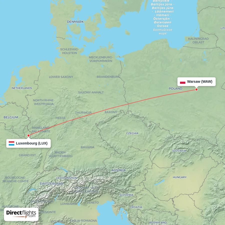 WAW - LUX route map