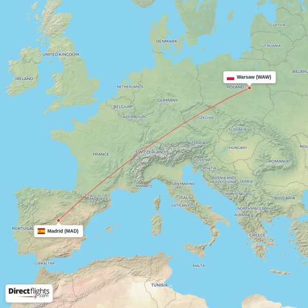 Warsaw - Madrid direct flight map