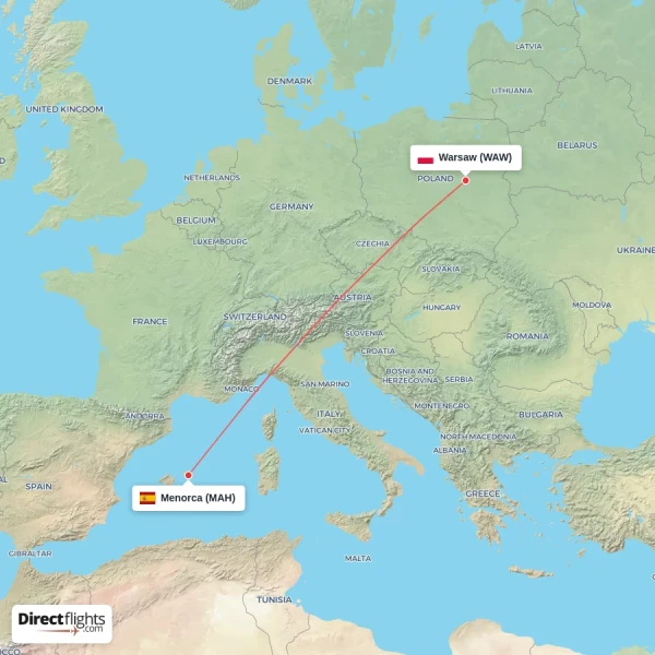Warsaw - Menorca direct flight map