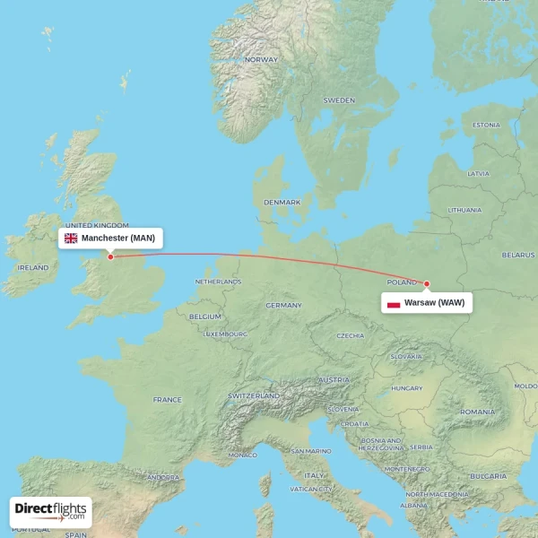 Warsaw - Manchester direct flight map