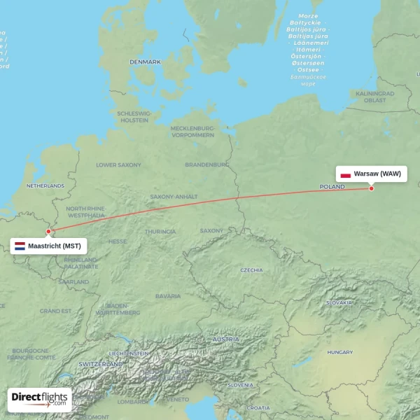 Warsaw - Maastricht direct flight map