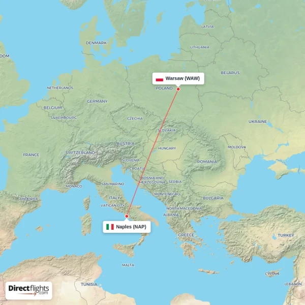 Warsaw - Naples direct flight map