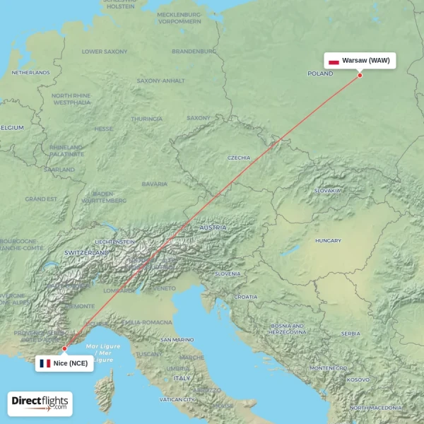 Warsaw - Nice direct flight map