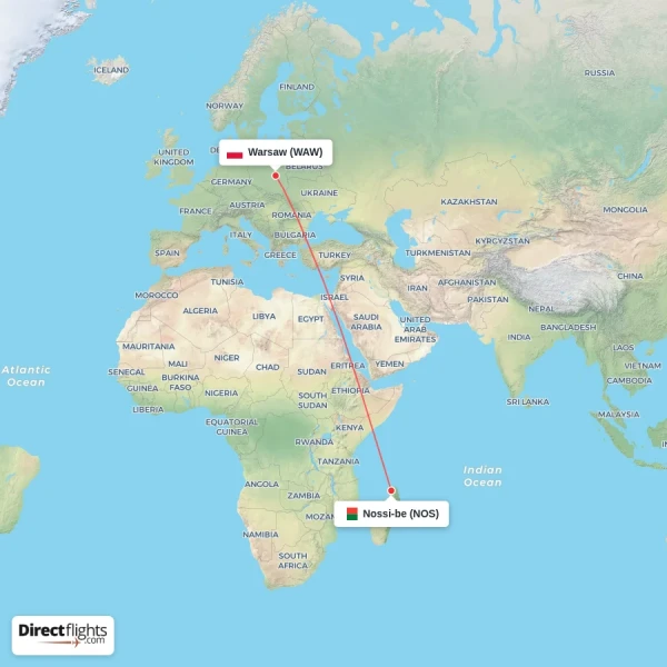 Warsaw - Nossi-be direct flight map
