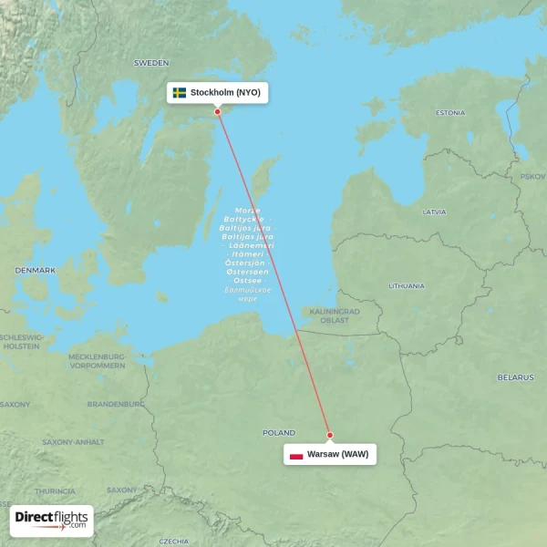 Warsaw - Stockholm direct flight map