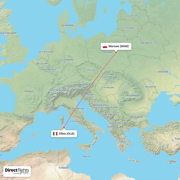Warsaw - Olbia direct flight map