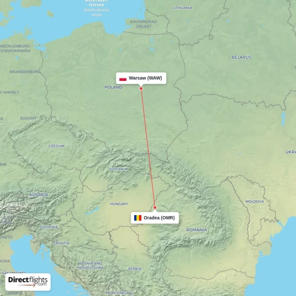 Warsaw - Oradea direct flight map