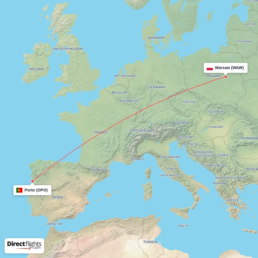 WAW - OPO route map